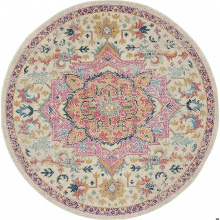 Homeroots 5 ft. Round Ivory & Pink Medallion Area Rug 385591